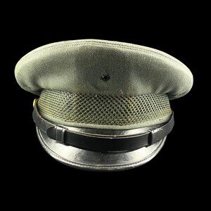 Vintage Military Style Green Cap With Black Brim & Gold Button Detail